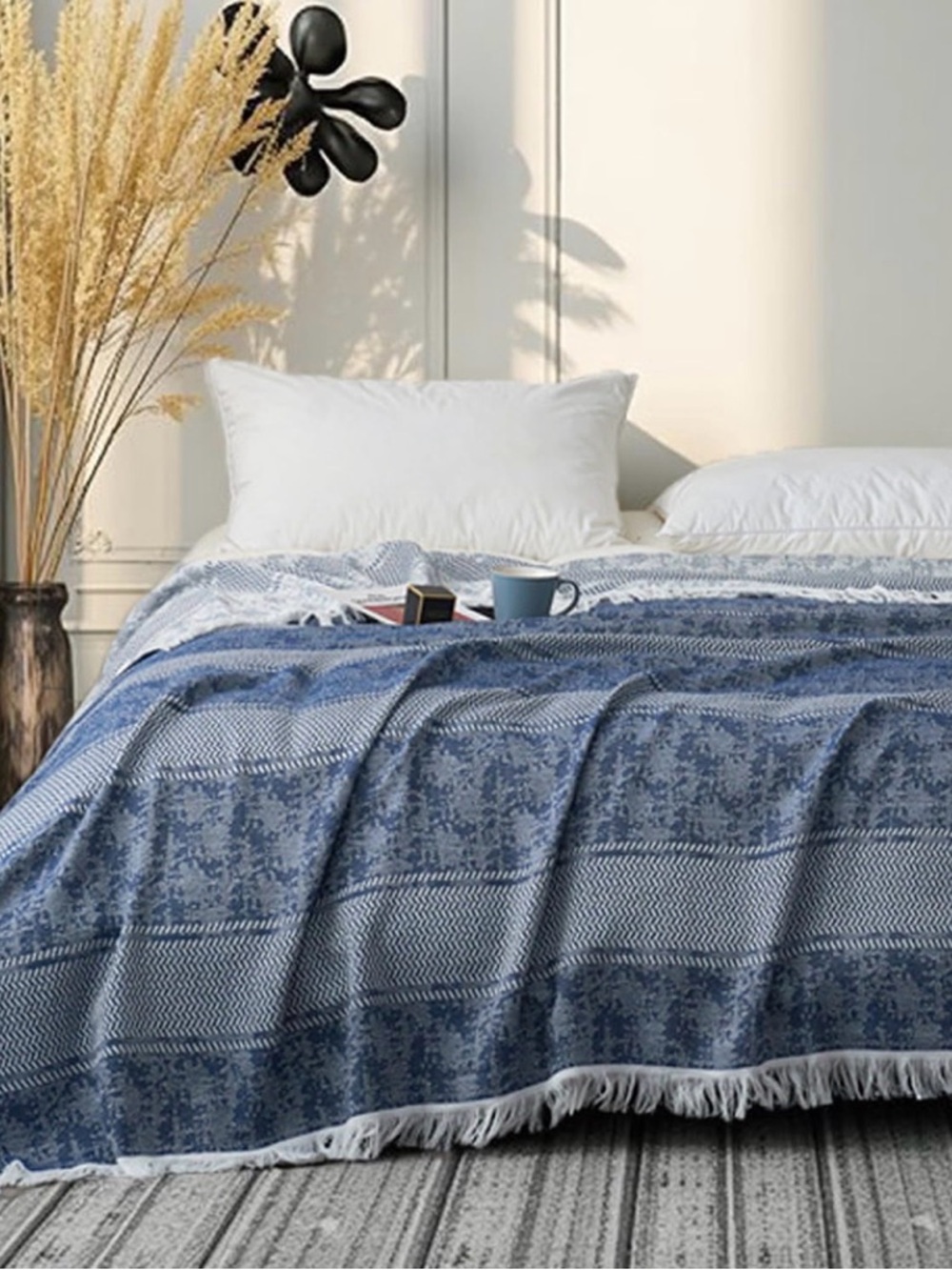 Blue Boho Fringed Cotton Throw | Indoor/Outdoor | KING (80x92”)